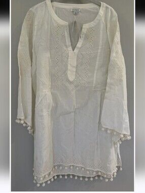 Sundance Ivory Eyelet Cotton Tunic with Pom Trim